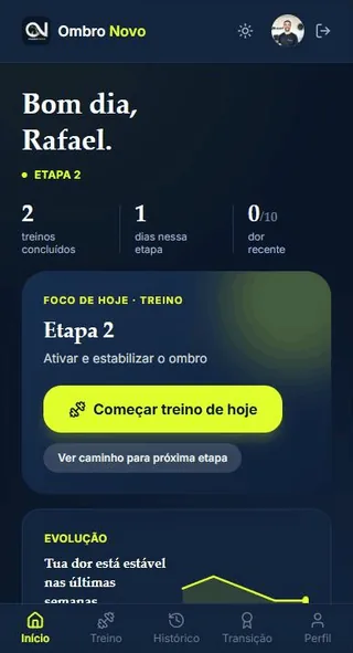 Tela inicial do app, com a etapa atual e a dor recente