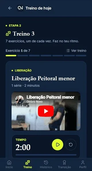 Sessão do dia no app, um exercício por vez, com vídeo