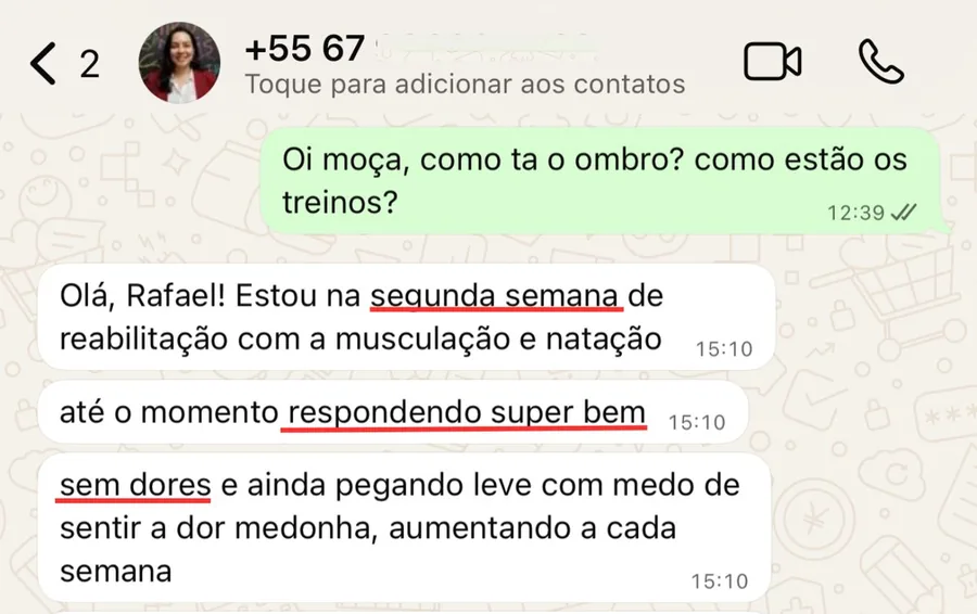 Mensagem de aluna na segunda semana de reabilitação: sem dor e voltando aos poucos à musculação e à natação