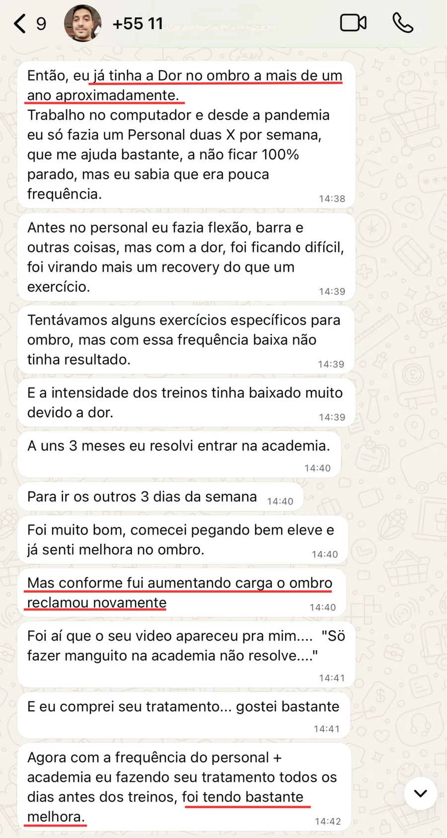 Mensagem de aluno com dor no ombro havia mais de um ano: com os exercícios antes da academia, teve bastante melhora