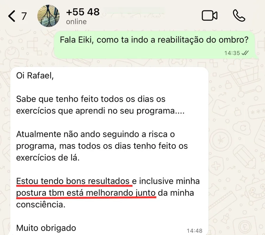 Mensagem do aluno Eiki: faz os exercícios todos os dias e está tendo bons resultados